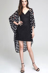 Model wearing black chiffon kimono with hearts & circles front profile